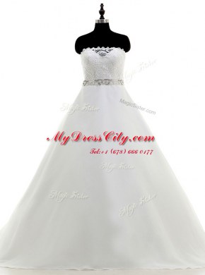 High Quality White A-line Beading and Lace Wedding Dresses Backless Organza Sleeveless With Train