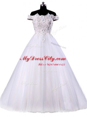 Off the Shoulder White Sleeveless Floor Length Appliques Lace Up Wedding Dress