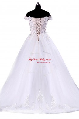 Off the Shoulder White Sleeveless Floor Length Appliques Lace Up Wedding Dress