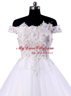 Off the Shoulder White Sleeveless Floor Length Appliques Lace Up Wedding Dress