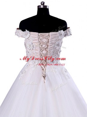 Off the Shoulder White Sleeveless Floor Length Appliques Lace Up Wedding Dress