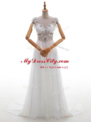 Custom Design With Train Empire Cap Sleeves White Wedding Dresses Chapel Train Side Zipper