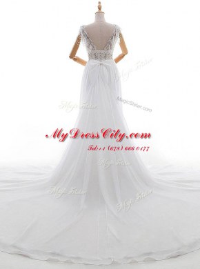 Custom Design With Train Empire Cap Sleeves White Wedding Dresses Chapel Train Side Zipper
