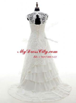 With Train White Wedding Dresses Lace Brush Train Cap Sleeves Lace and Ruffled Layers