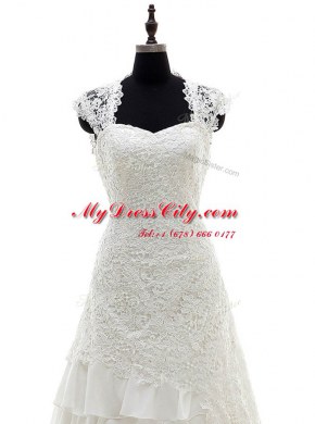 With Train White Wedding Dresses Lace Brush Train Cap Sleeves Lace and Ruffled Layers