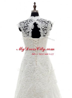 With Train White Wedding Dresses Lace Brush Train Cap Sleeves Lace and Ruffled Layers