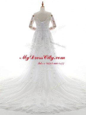 Off the Shoulder Long Sleeves Brush Train Lace Up With Train Beading and Lace Wedding Dress