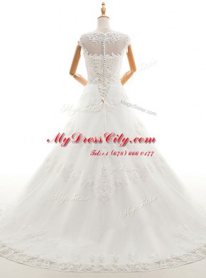 On Sale Scoop Sleeveless Tulle With Brush Train Clasp Handle Wedding Gowns in White with Appliques