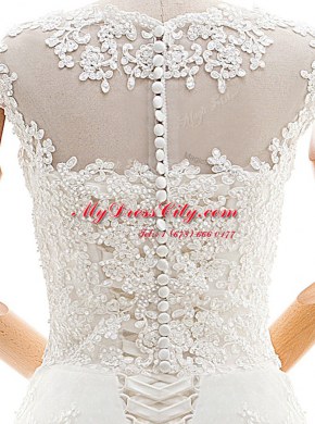 On Sale Scoop Sleeveless Tulle With Brush Train Clasp Handle Wedding Gowns in White with Appliques