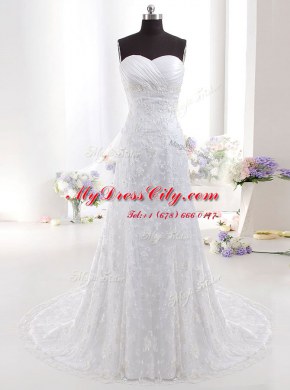 White Column/Sheath Sweetheart Sleeveless Lace With Brush Train Clasp Handle Beading and Lace Wedding Gown