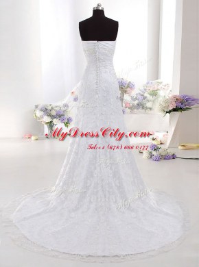 White Column/Sheath Sweetheart Sleeveless Lace With Brush Train Clasp Handle Beading and Lace Wedding Gown