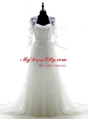 White Tulle Zipper Sweetheart 3 4 Length Sleeve With Train Wedding Gown Brush Train Appliques