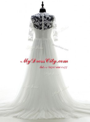 White Tulle Zipper Sweetheart 3 4 Length Sleeve With Train Wedding Gown Brush Train Appliques