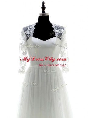 White Tulle Zipper Sweetheart 3 4 Length Sleeve With Train Wedding Gown Brush Train Appliques