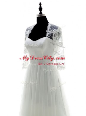 White Tulle Zipper Sweetheart 3 4 Length Sleeve With Train Wedding Gown Brush Train Appliques