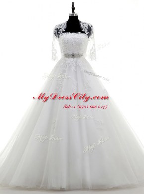 Most Popular Sleeveless Brush Train Lace Up With Train Beading and Lace and Appliques Bridal Gown
