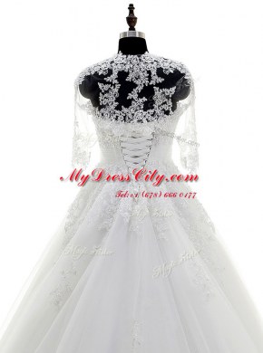 Most Popular Sleeveless Brush Train Lace Up With Train Beading and Lace and Appliques Bridal Gown