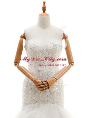 Sweet Mermaid Ruffled With Train White Bridal Gown Sweetheart Sleeveless Brush Train Clasp Handle
