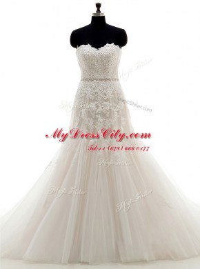 Cheap Mermaid With Train Lace Up Wedding Dresses Champagne for Wedding Party with Appliques Brush Train
