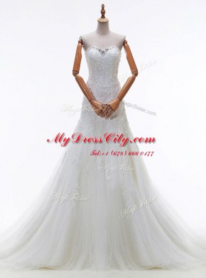 Edgy Tulle Sweetheart Sleeveless Court Train Lace Up Beading and Lace and Appliques Wedding Gowns in White