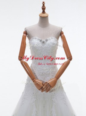 Edgy Tulle Sweetheart Sleeveless Court Train Lace Up Beading and Lace and Appliques Wedding Gowns in White