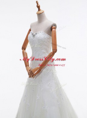 Edgy Tulle Sweetheart Sleeveless Court Train Lace Up Beading and Lace and Appliques Wedding Gowns in White