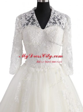 Tulle 3 4 Length Sleeve With Train Wedding Dress Brush Train and Appliques