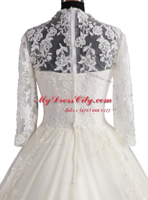 Tulle 3 4 Length Sleeve With Train Wedding Dress Brush Train and Appliques