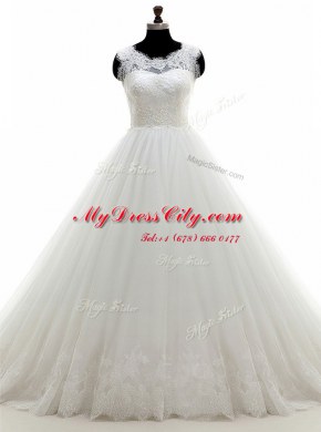 Exquisite White A-line Scoop Sleeveless Tulle With Train Clasp Handle Lace Wedding Dresses