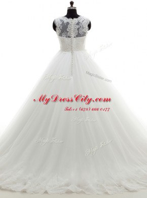 Exquisite White A-line Scoop Sleeveless Tulle With Train Clasp Handle Lace Wedding Dresses