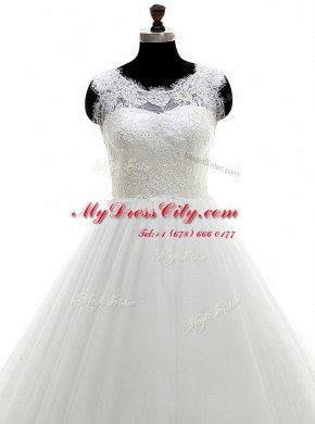 Exquisite White A-line Scoop Sleeveless Tulle With Train Clasp Handle Lace Wedding Dresses