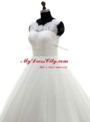 Exquisite White A-line Scoop Sleeveless Tulle With Train Clasp Handle Lace Wedding Dresses
