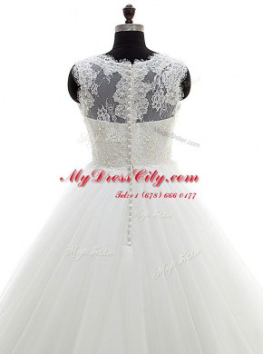Exquisite White A-line Scoop Sleeveless Tulle With Train Clasp Handle Lace Wedding Dresses
