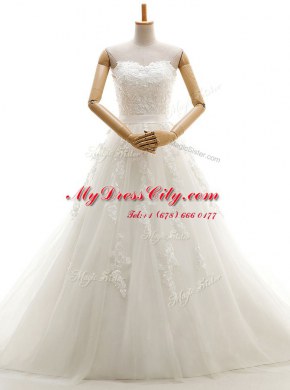 Elegant Appliques Wedding Gown White Lace Up Sleeveless With Train Court Train