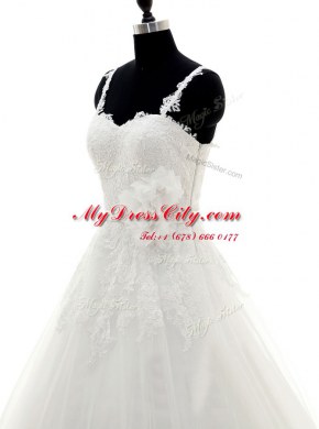 White A-line Spaghetti Straps Sleeveless Tulle With Brush Train Side Zipper Lace and Appliques and Hand Made Flower Wedding Dress