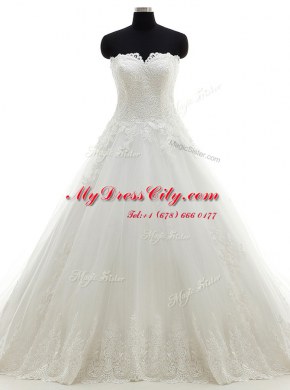 Best Selling White Wedding Dress Wedding Party and For with Lace and Appliques Strapless Sleeveless Brush Train Clasp Handle