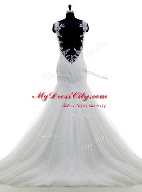 Best Mermaid White Spaghetti Straps Side Zipper Appliques Wedding Gowns Brush Train Sleeveless