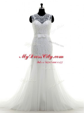 Mermaid White Scoop Zipper Beading Wedding Dress Brush Train Sleeveless