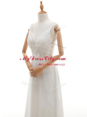 Floor Length Backless Wedding Gown White for Wedding Party with Beading