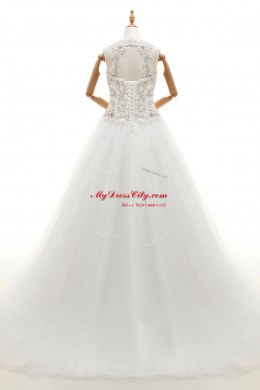 Beauteous With Train A-line Sleeveless White Wedding Gown Brush Train Lace Up