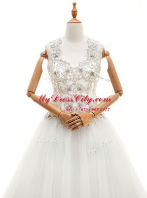 Beauteous With Train A-line Sleeveless White Wedding Gown Brush Train Lace Up