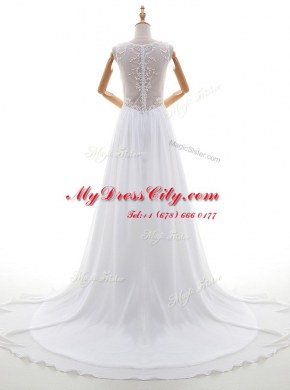 White Sleeveless Chiffon Brush Train Zipper Bridal Gown for Wedding Party