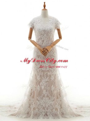 Free and Easy Mermaid Cap Sleeves Lace With Train Chapel Train Clasp Handle Wedding Dresses in White with Lace and Appliques
