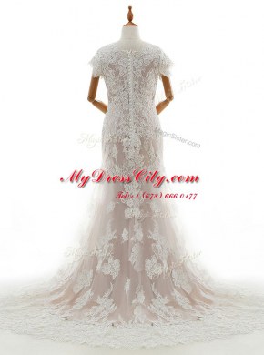 Free and Easy Mermaid Cap Sleeves Lace With Train Chapel Train Clasp Handle Wedding Dresses in White with Lace and Appliques