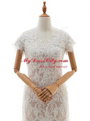 Free and Easy Mermaid Cap Sleeves Lace With Train Chapel Train Clasp Handle Wedding Dresses in White with Lace and Appliques