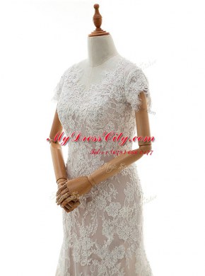 Free and Easy Mermaid Cap Sleeves Lace With Train Chapel Train Clasp Handle Wedding Dresses in White with Lace and Appliques