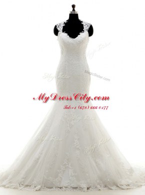 Mermaid White Cap Sleeves Lace Brush Train Side Zipper Wedding Gowns for Wedding Party