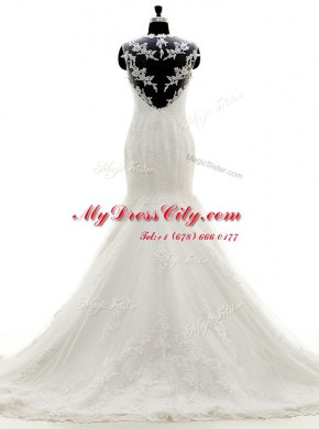 Mermaid White Cap Sleeves Lace Brush Train Side Zipper Wedding Gowns for Wedding Party