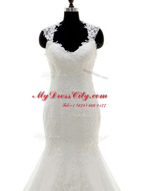 Mermaid White Cap Sleeves Lace Brush Train Side Zipper Wedding Gowns for Wedding Party