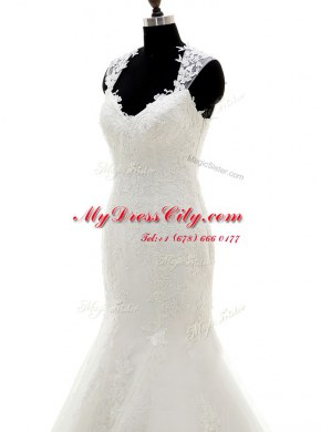 Mermaid White Cap Sleeves Lace Brush Train Side Zipper Wedding Gowns for Wedding Party